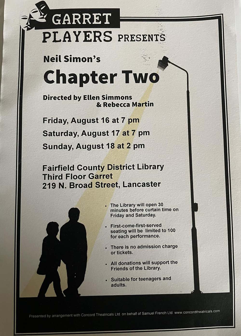Playbill for Garret Players&rsquo; production of Neil Simon&rsquo;s Chapter Two