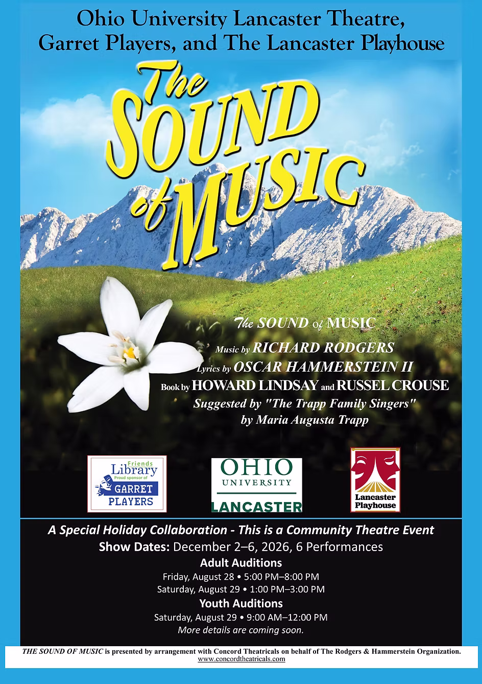 Poster for The Sound of Music, presented December 2 to 6, 2026 at Ohio University Lancaster by Ohio University Lancaster Theatre, Garret Players and The Lancaster Playhouse